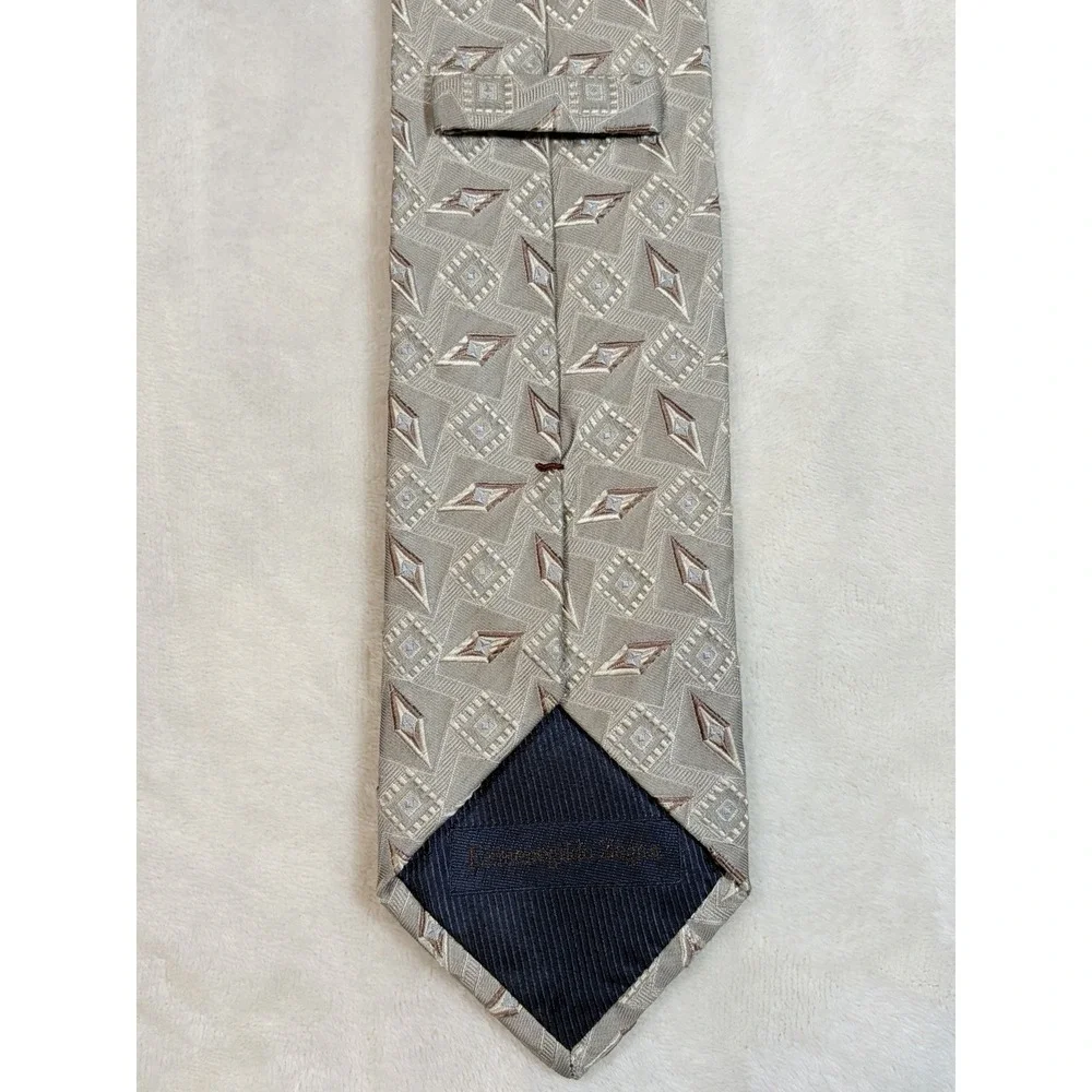 Ermenegildo Zegna Men's Geometric Beige Brown White 100% Silk Satin Tie‎